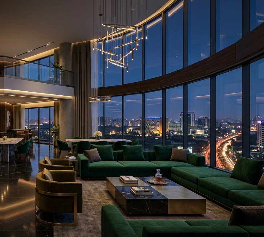 Double-height living room of the Solitaire Sky Duplex with green velvet sofas and a curved glass wall overlooking the city at night