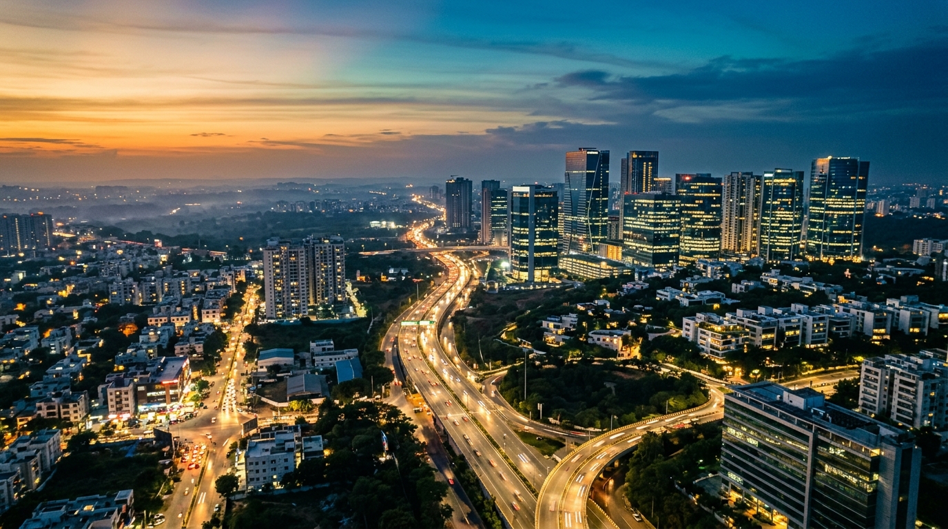 West Hyderabad at dusk with office towers and a lit expressway