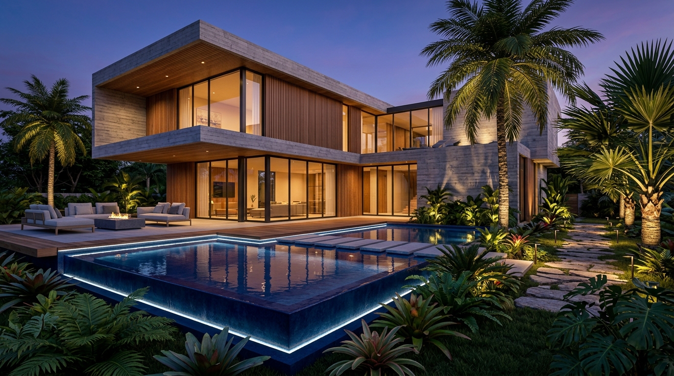 Modern two-storey villa with a lit infinity lap pool and tropical garden at dusk